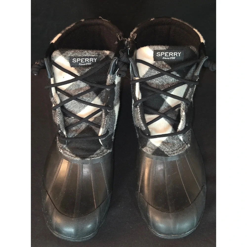Sperry Saltwater Duck‎ Boots Women's Black Plaid Wool Waterproof Lace Up Ankle